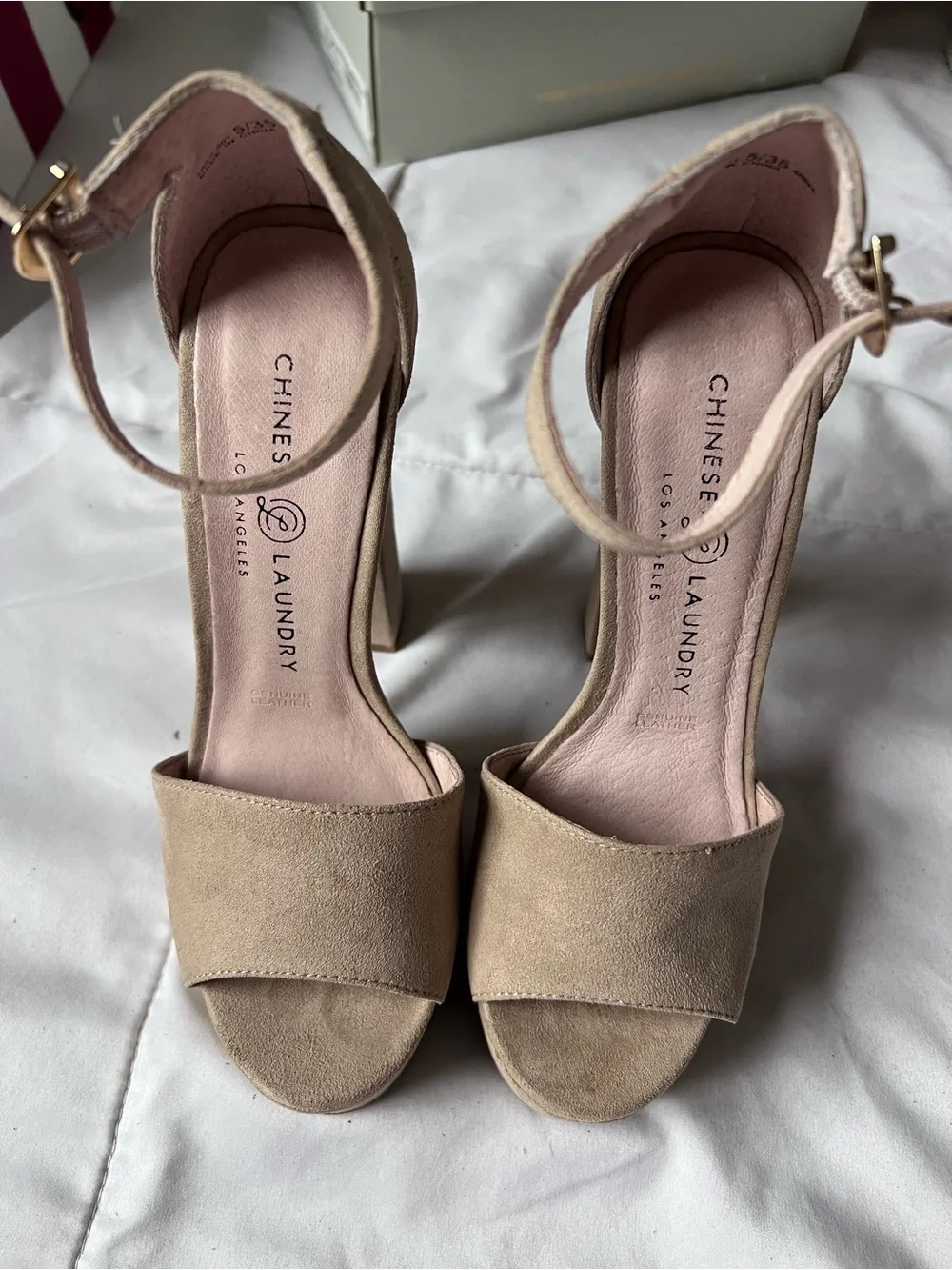 Chinese Laundry Taupe Suede Platform Ankle-Strap Heels